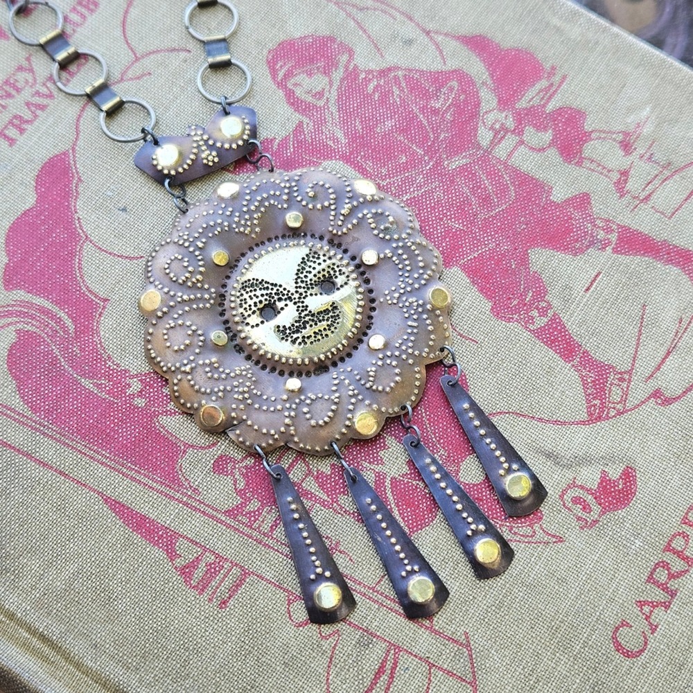 Vintage Artisan Mixed Metal Sun Face Statement Necklace Celestial Boho Copper